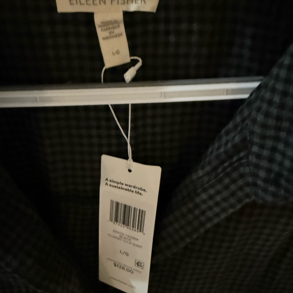 Eileen Fisher Black and Green Gingham Top
